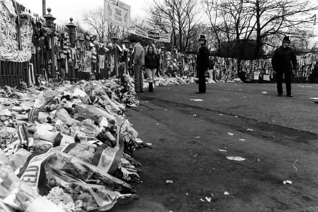 Floral tributes after the Hillsborough disaster at Hillsborough Stadium, April 1989