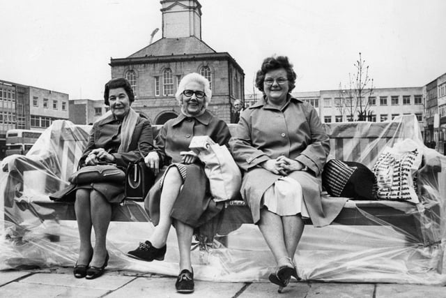Boldon pals May Robson; Norah Mushens and Elsie Henderson have a rest from shopping in April 1982.