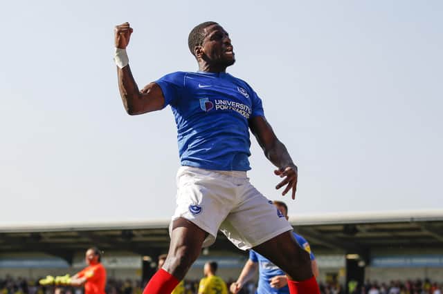 Omar Bogle of Portsmouth celebrates his side's second goal to make the score 1-2 during the Sky Bet League One match between Burton Albion and Portsmouth at Pirelli Stadium on April 19th 2019 in Burton, England. (Photo by Daniel Chesterton/phcimages.com/PinPep)