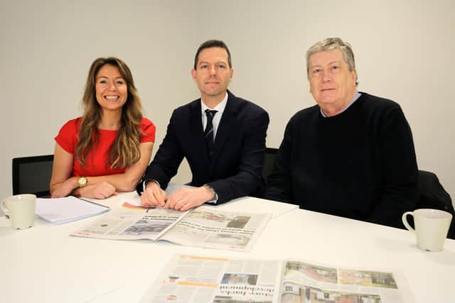 Star paper review. Pictured with Star Business Editor David Walsh are Belinda Naylor, business development manager at rock crushing machinery company Webster Technologies, and Mike Faulks, chief technology officer at cyber-security firm Ioetec.