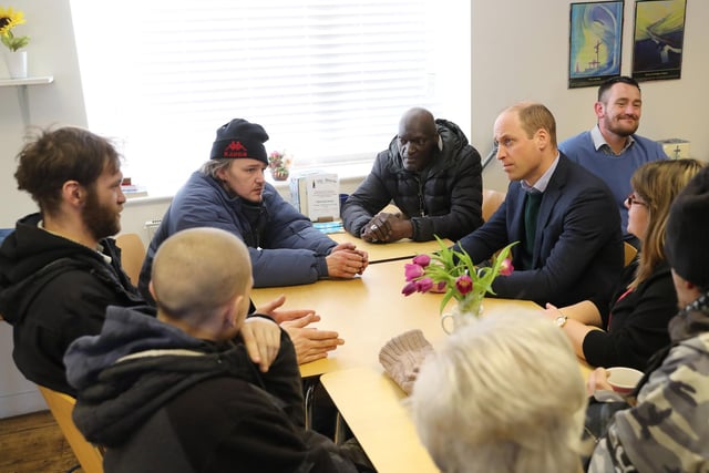 MANSFIELD, ENGLAND - FEBRUARY 26: Prince William, Duke of Cambridge (R) speaks with service users during a visit to The Beacon, a day centre which gives support to the homeless and vulnerable people on February 26, 2020 in Mansfield, England. (Photo by Chris Jackson - WPA Pool/Getty Images)