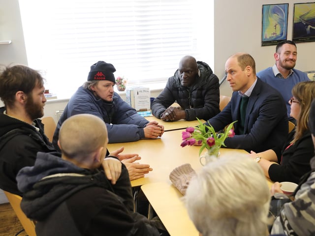 MANSFIELD, ENGLAND - FEBRUARY 26: Prince William, Duke of Cambridge (R) speaks with service users during a visit to The Beacon, a day centre which gives support to the homeless and vulnerable people on February 26, 2020 in Mansfield, England. (Photo by Chris Jackson - WPA Pool/Getty Images)