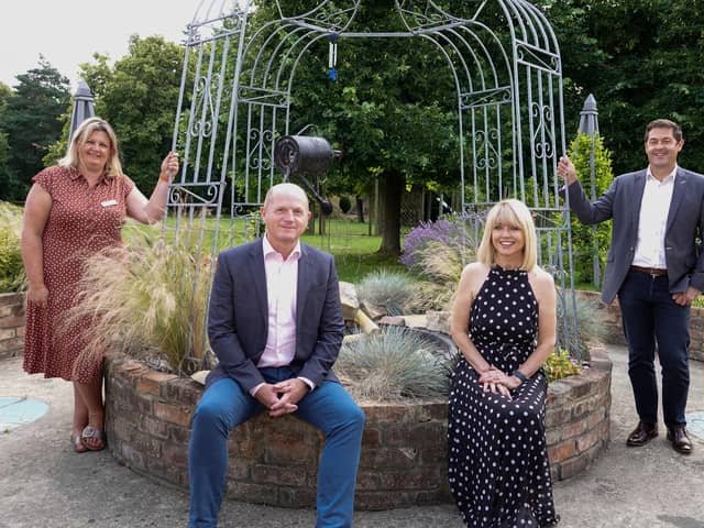 Estate agency staff in Sheffield are taking on a series of fundraising challenges for Martin House children's hospice. Pictured in the hospice grounds are (from left) Martin House Chief Executive Clair Holdsworth; Linley & Simpson Chairman Will Linley; Martin House ambassador and former Yorkshire TV presenter Christine Talbot; and Linley & Simpson Chief Executive Nick Simpson.