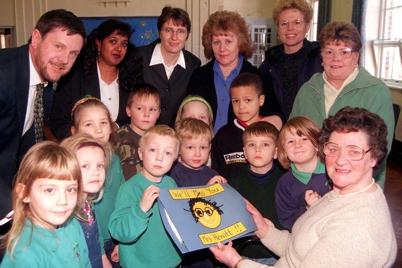 Dinner Lady Norma Hewitt (right) at her retirement party in 1999  after 32 years service  at the Hartley Brook Primary School.  Also pictured with some of the pupils are Headteacher Pete Matlew and Norma's colleagues Valeria Bennett, Caroline Booth, Chris Ozenbrook, Liz Fox and Elaine Allen
