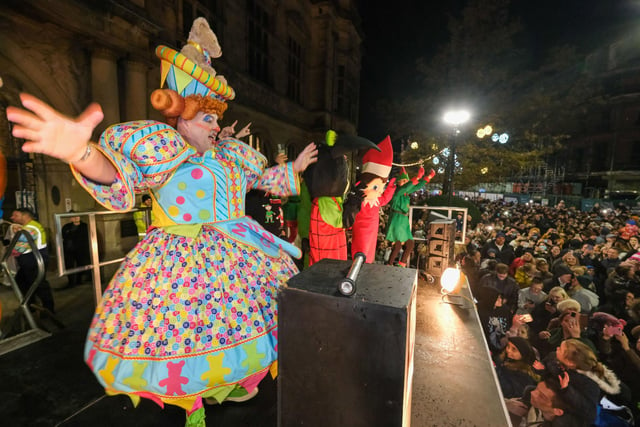 Sheffield City Centre Christmas light switch-on 2021, with the cast of the Lyceum panto, Sleeping Beauty