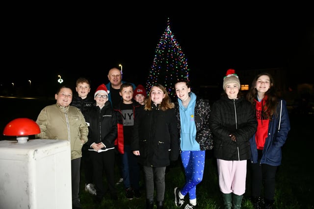 The primary seven pupils from Carronshore Primary who helped singer and local resident Dougie Smith turn on the lights.