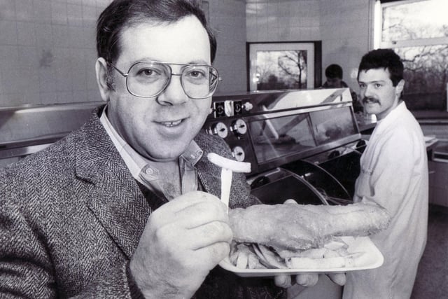 Panayiotis Zafiris, winner of a fish and chip shop competition in 1988, at the Admiral Fish and Chip shop in Killamarsh