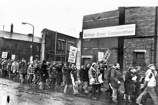 Steelworkers outside the Cyclops Works in Sheffield on January 21 1980