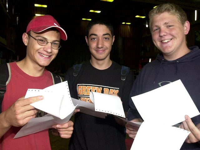 Daniel Hayes, James Lowe and James Lindsay pictured at Myers Grove after receiving their GCSE results in August 2002