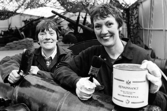Fort Nelson prepares to open for the 1993 season of display and events, members of Palmerston Fort Society Rose Whitlock (left) and Joan Price have been busy polishing some of the artillery peices, 1993. The News PP5733