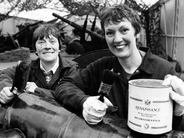 Fort Nelson prepares to open for the 1993 season of display and events, members of Palmerston Fort Society Rose Whitlock (left) and Joan Price have been busy polishing some of the artillery peices, 1993. The News PP5733