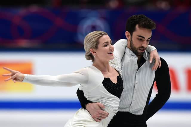 Spain's Olivia Smart and Adrian Diaz perform during the Ice Dance-Free Dance program at the Milan World Figure Skating Championship 2018, in Milan, on March 24, 2018. / AFP PHOTO / MIGUEL MEDINA        (Photo credit should read MIGUEL MEDINA/AFP via Getty Images)