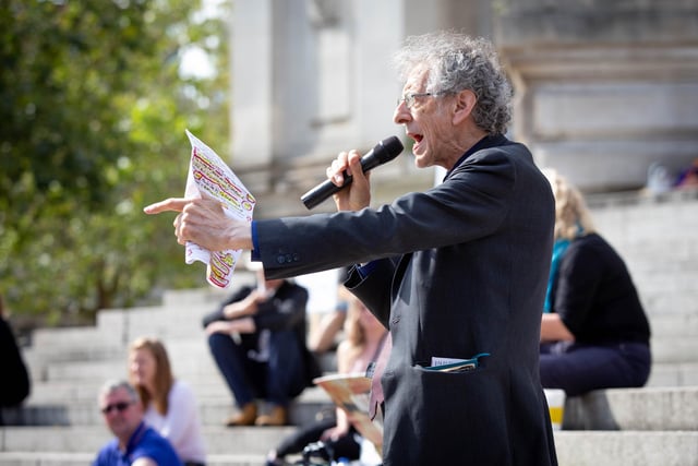 Piers Corbyn giving a speech at the event in Portsmouth on Saturday. Picture: Habibur Rahman