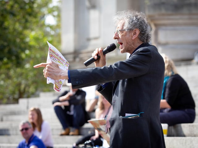 Piers Corbyn giving a speech at the event in Portsmouth on Saturday. Picture: Habibur Rahman