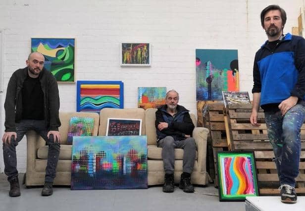 From left, Sheffield artists Kieran Flynn, Peter Smith and Julian Wright with their work for Reimagined Places