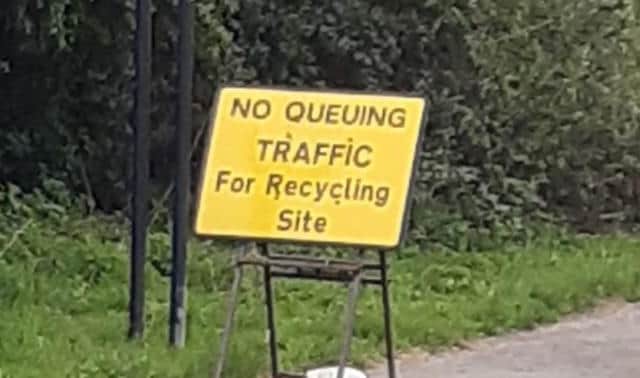 A sign warns drivers not to queue outside the Beighton Road waste recycling centre in Sheffield