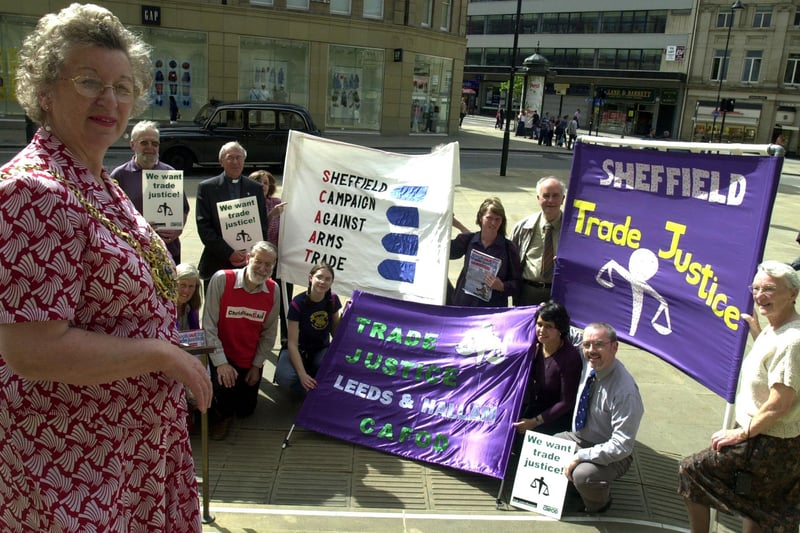 The Lord mayor of Sheffield Councillor Mrs Marjorie Barker pictured  outside of the Sheffield Town hall with some of the delegates who are to lobby MP's on the issue of Fairtrade  in June 2002