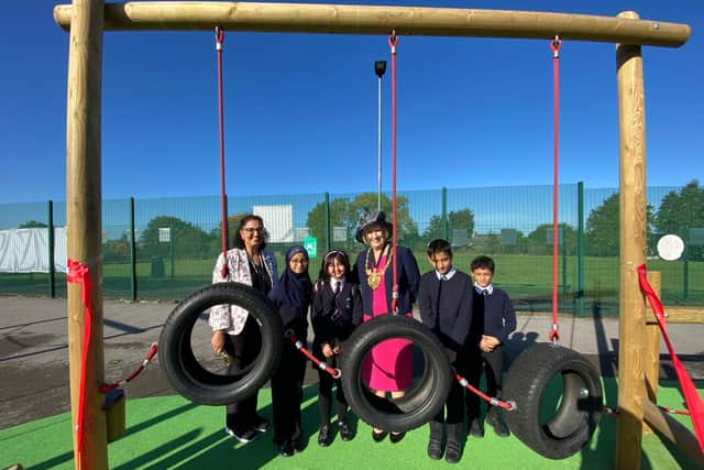 High Hazels Academy Principal Mrs Asma Maqsood-Shah and Sheffield Lord Mayor Gail Smith at the new playground.