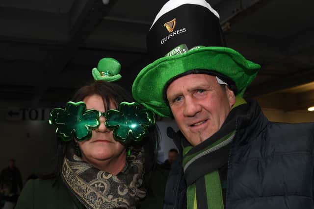 Sean and Milissa Wigglesworth at the Trafalgar Warehouse, Sheffield, celebrating St Patrick's Day 2019. We're living for those glasses!