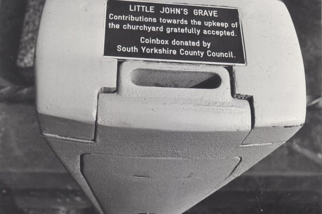 The donation box next to Little John's grave in the Hathersage Church yard in 1984