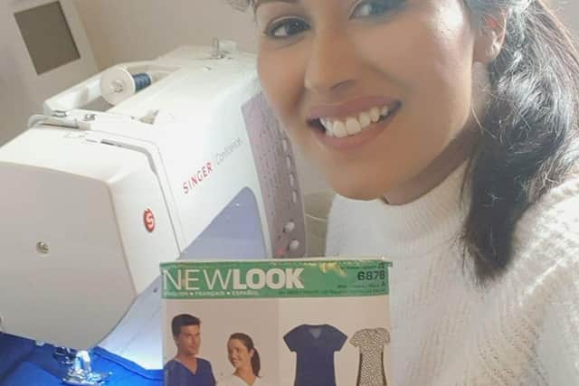 Noreen Naz, a volunteer stitcher is among a network of dozens of home sewers who are appealing for cash for fabric as they race to fulfil hundreds of requests for clinical scrubs. Photo: Noreen Naz/PA Wire