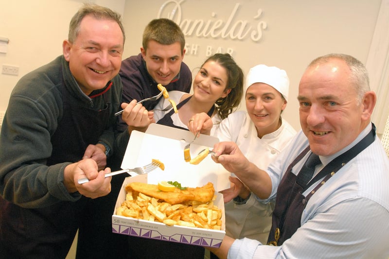 Fancy a chip? The Mayor Ernest Gibson was pictured at Daniela's chip shop in Front Street 7 years ago. Joining him for the photo were Simon Charlton Daniel Gollagly , Veronique Charlton and Daniela Charlton.