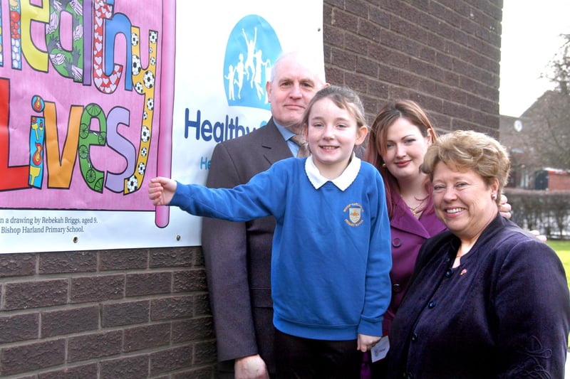 Rebekah Briggs designed this banner at Bishop Harland School in 2009 and she is in the picture with her head teacher Geoff Millington as well as Elouise Robinson (healthy schools co-ordinator) and Councillor Pat Smith.