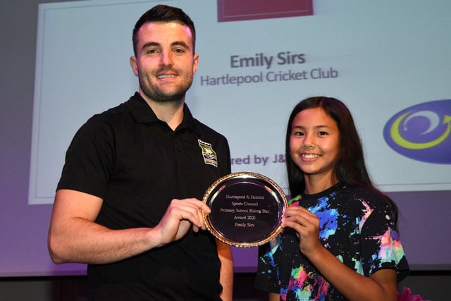 Emily Sirs, left, is presented her Primary School Sports Person of the Year award by Ryan Houghton, from Hartlepool Borough Council.