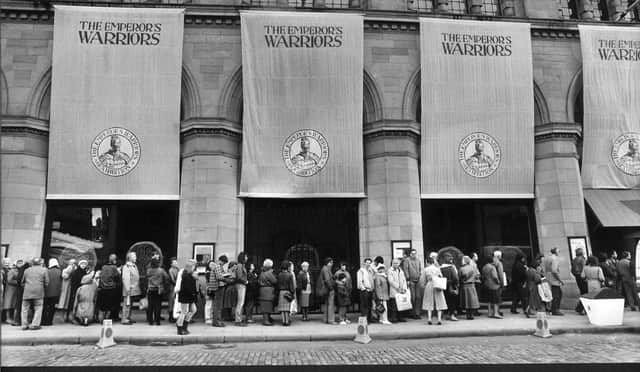 A queue outside the City Art Centre for the Emperor's Warriors exhibition in Edinburgh.