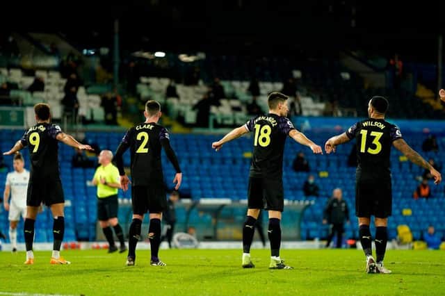 Newcastle players organize their defence during the English Premier League football match between Leeds United and Newcastle United at Elland Road in Leeds, northern England on December 16, 2020.