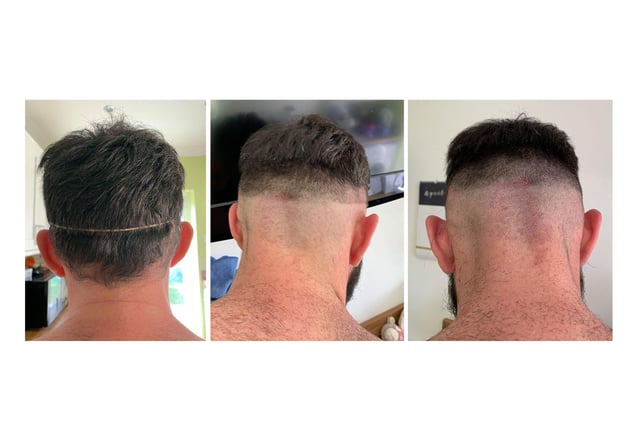 Beth Crowley shared a picture of her partner, Harry, with his new trim. She said: 'He insisted on using an elastic band to get the fade... it's his fault it looks awful.'