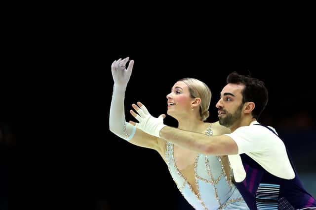 GRAZ, AUSTRIA - JANUARY 25: Olivia Smart (L) and Adrian Diaz (R) of Spain  performs during the ISU European Figure Skating Championships at Steiermarkhalle on January 25, 2020 in Graz, Austria. (Photo by Maja Hitij/Getty Images)