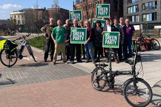 Sheffield Green Party local election candidates for 2022 in the city centre at the Grey to Green scheme area.
