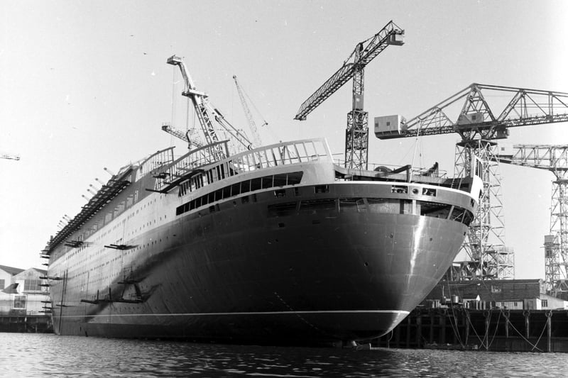 The Queen Elizabeth II liner nearing the end of its construction lifecycle  at John Brown shipyard in Clydebank in December 1967