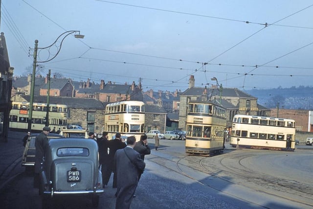 Trams at the junction of Abbey Lane and Chesterfield Road in Woodseats