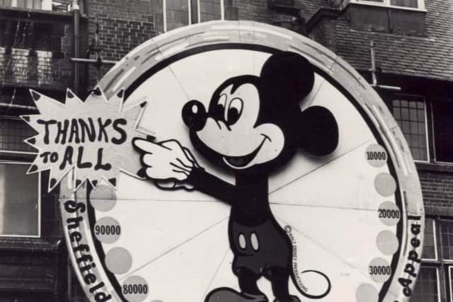 Sheffield Children's Hospital roof house appeal
This huge Mickey Mouse on the outside wall of the Children's Hospital is certainly an effective means of drawing attention to the appeal for a play centre and accommodation for familes of sick children.
August 11, 1976
