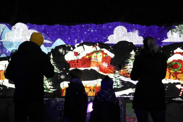 Members of the public view an animation projected onto a rock face at the launch of Edinburgh Zoo's Christmas Nights.