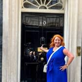 Julia Hall, from Dinnington's Julz Boutique, outside 10 Downing Street, the home of the Prime Minister.