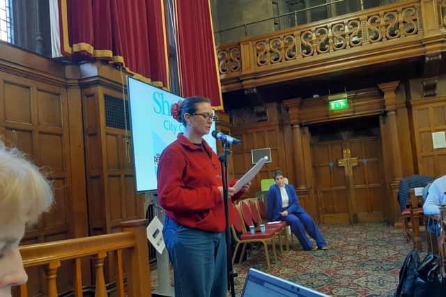 Isabelle France presenting another petition calling for a no cuts budget at Sheffield City Council on May 4, 2026. Picture: Julia Armstrong, LDRS
