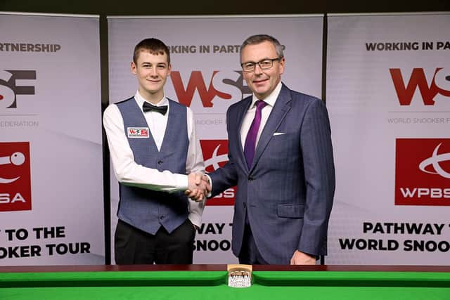 Sheffield youngster Jake Crofts pictured with World Snooker Federation chairman Jason Ferguson. Photo courtesy of World Snooker Federation.