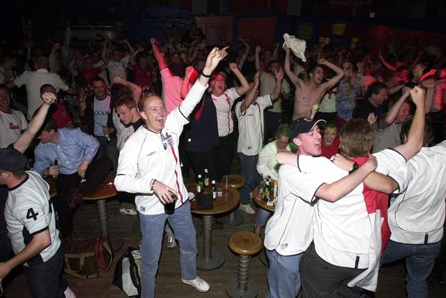 Fans celebrate at the Leadmill as England score againt Brazil...June 2, 2002
Picture Sheffield Newspapers