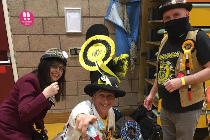 Nick "The Incredible Flying Brick" Delves, representing the Official Monster Raving Loony Party, with supporters Dorothy and George Stuart.