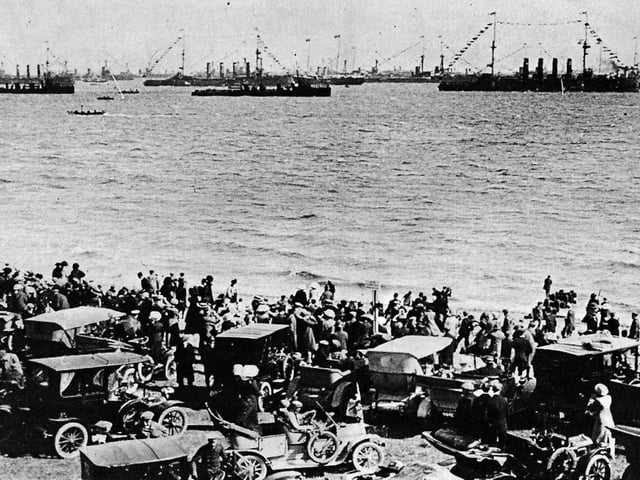 A view from the beach of part of the 1914 Fleet Review which contained 59 battleships.