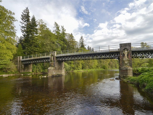 The castle is accessed by a single arch bridge, which was designed and built in 1856 by John Henderson, son of the Brechin Castle gardener.