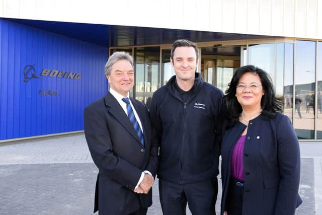 Boeing Sheffield opening day in October 2018: Sir Michael Arthur, President, Boeing Europe and Managing Director, Boeing UK and Ireland, James Needham, Boeing Sheffield, Senior Operations Leader and Jenette Ramos, Senior Vice President, Boeing Manufacturing, Supply Chain and Operations Picture: Marie Caley.