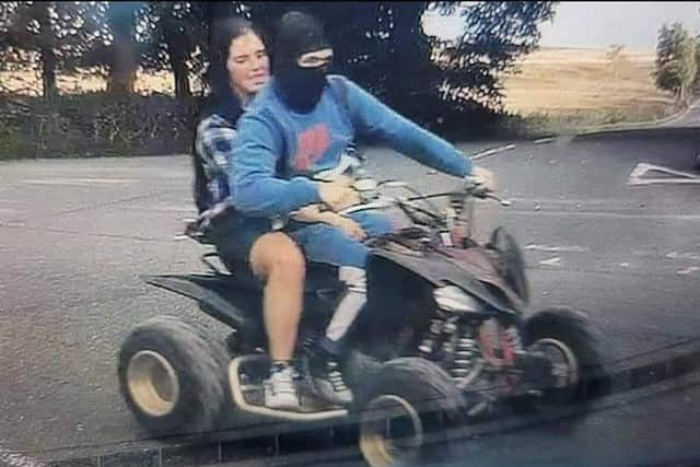 Police are hunting the pair pictured on this quad bike after a cyclist was hit in the Peak District near Sheffield