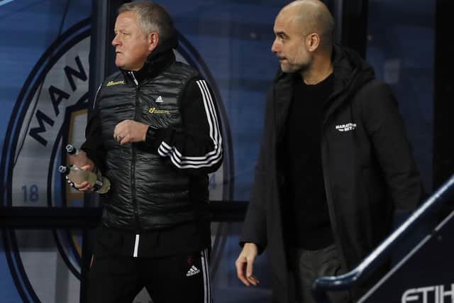 Chris Wilder manager of Sheffield United and Josep Guardiola, manager of Manchester City, at the Etihad Stadium last season: Simon Bellis/Sportimage