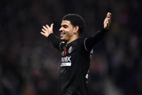 Morgan Gibbs-White of Sheffield United celebrates after scoring his side's first goal during the Sky Bet Championship match between Nottingham Forest and Sheffield United (photo by Laurence Griffiths/Getty Images).