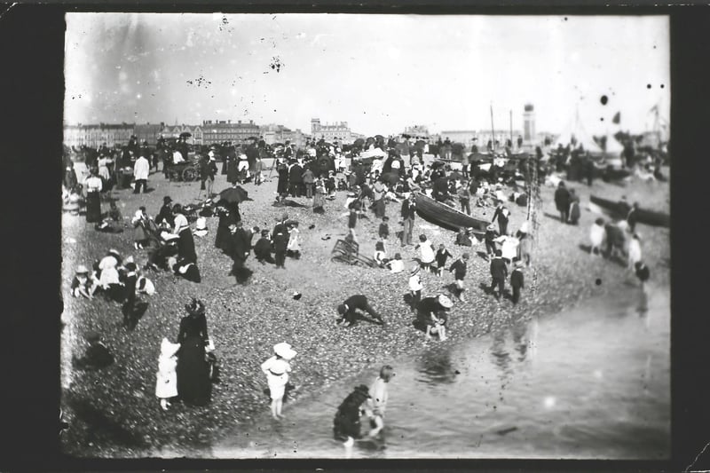 Crowds on the beach at Southsea in the 1890s. Photo by F. J. Mortimer/Hulton Archive/Getty Images