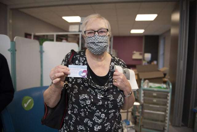 Patient Trixie Walker at the Northern General Hospital, Sheffield, displays an information card after receiving the COVID Pfizer vaccine (Pooled picture by Andy Stenning-Daily Mirror)